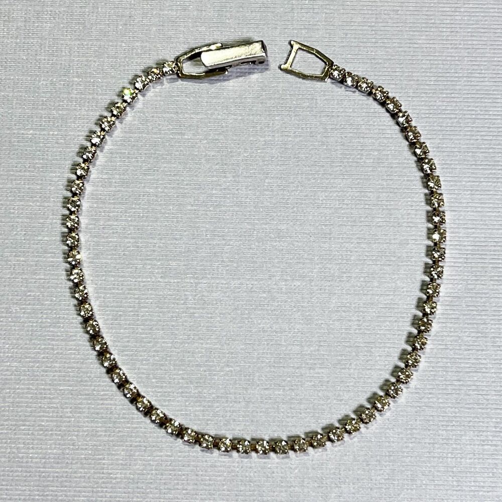Vintage Tennis Bracelet Silver Tone Clear Rhinestone Dainty Evening Formal 8"